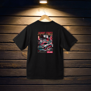 Japan's Finest" T-shirt - Japanese Street Scene with JDM Car and Neon City Lights